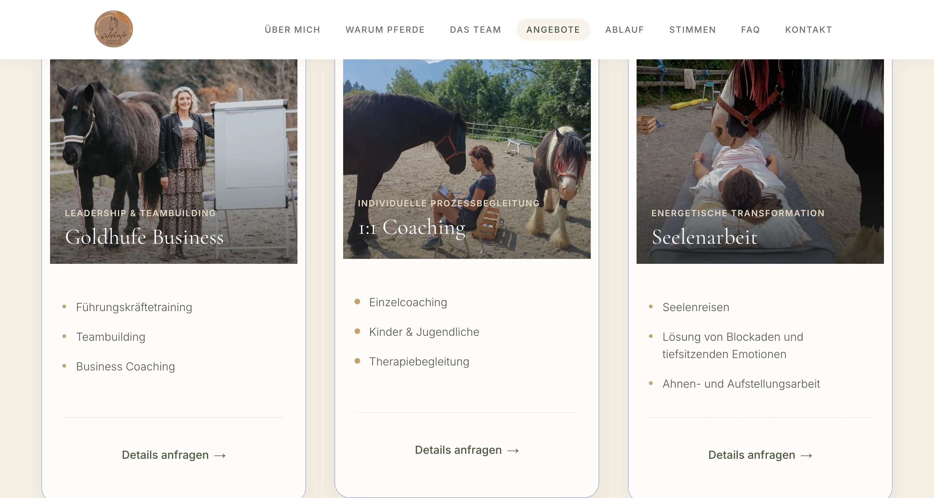 Goldhufe service cards with photography, format descriptions and a direct enquiry route