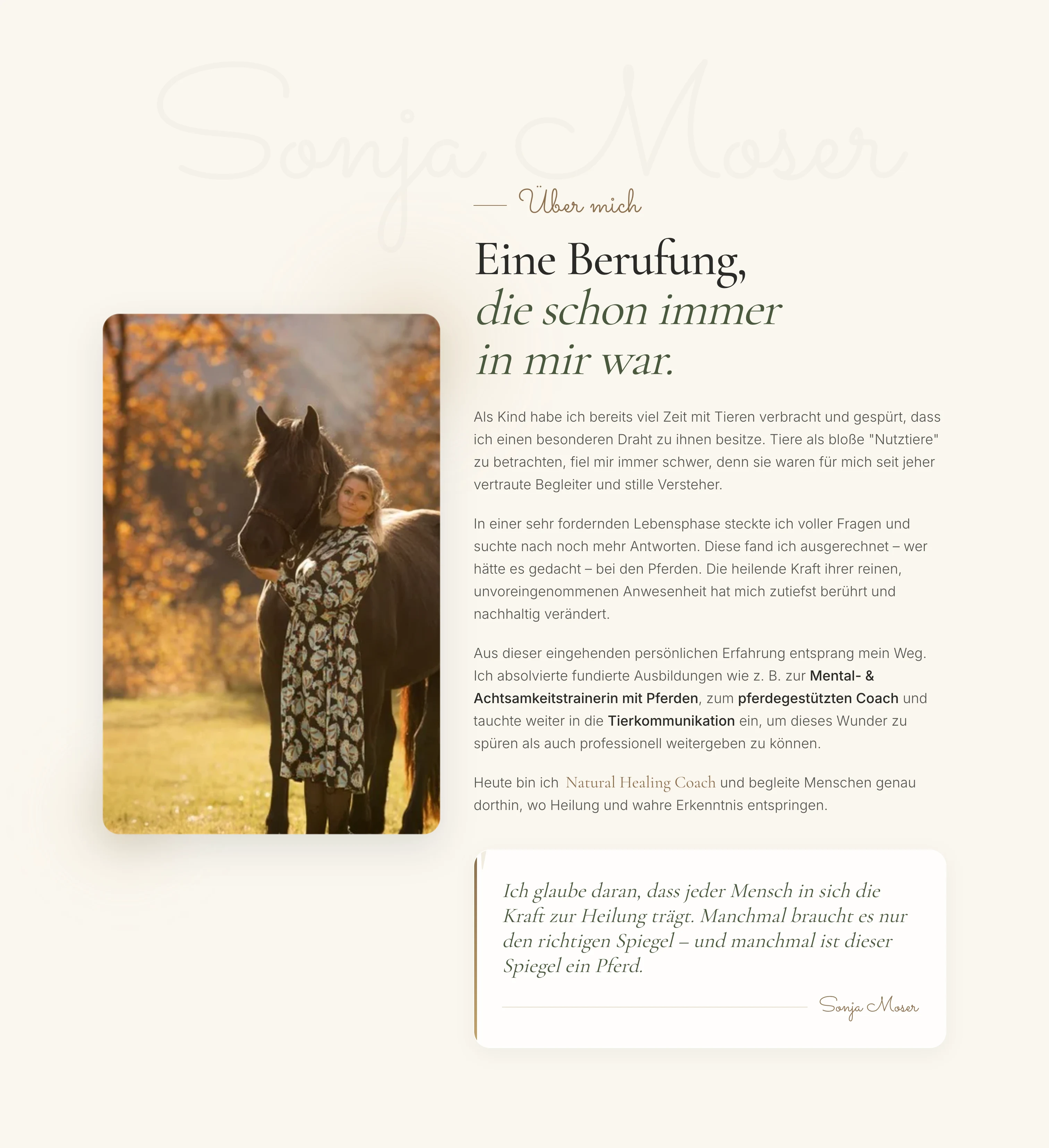 Personal introduction with Sonja Moser and a horse, warm colours and serif typography