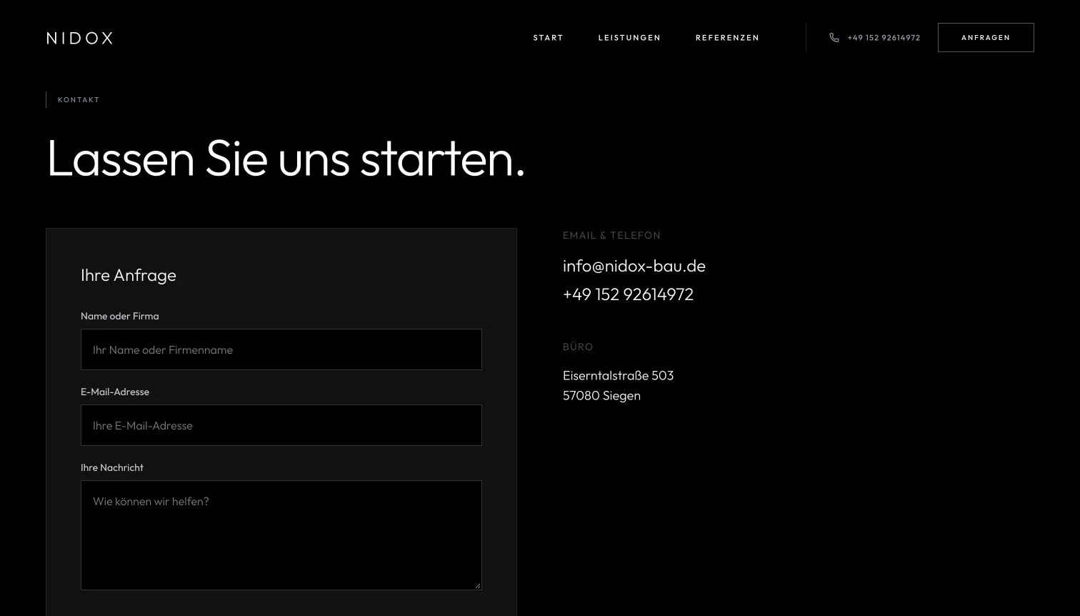 NIDOX: Kontaktseite mit kurzem Anfrageformular und direkten Kontaktdaten